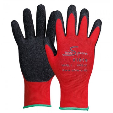 Guante nylon rojo con recubrimiento de latex negro rugoso en palma modelo 1019