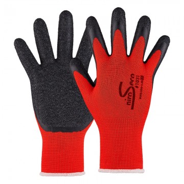 Guante nylon rojo con recubrimiento de latex negro rugoso en palma modelo 1031