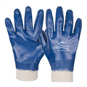 Guante de nitrilo azul todo cubierto flexible con soporte de punto de algodón y puño elástico ref. 1042