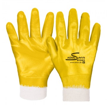 Guante de nitrilo amarillo todo cubierto flexible con soporte de punto de algodón y puño elástico ref. 1043