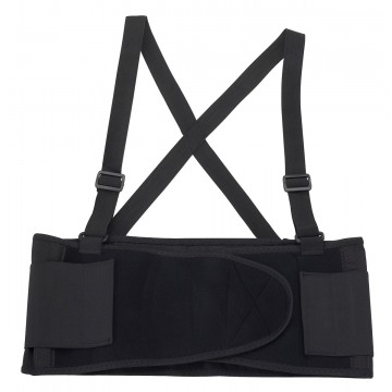Faja lumbar con tirantes regulables y cierre de velcro.