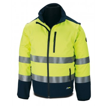 Cazadora tipo Soft-Shell alta visibilidad MIXTA amarillo / azul mangas desmontables. MODELO AMBAR