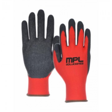 Guante nylon rojo con recubrimiento de latex negro rugoso en palma