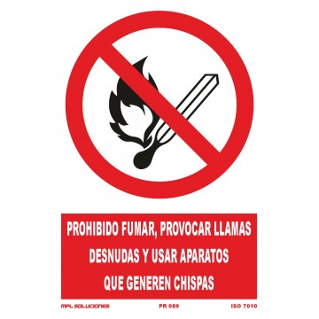 Señal: Prohibido fumar, provocar llamas, desnudas y usar aparatos que generen chispas