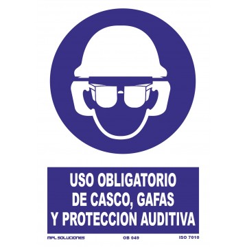 Señal: Uso obligatorio de casco, gafas y protección auditiva