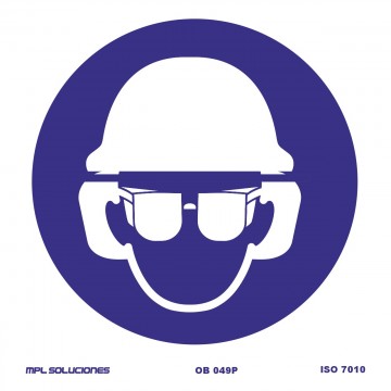 Señal: Uso obligatorio de casco, gafas y protección auditiva